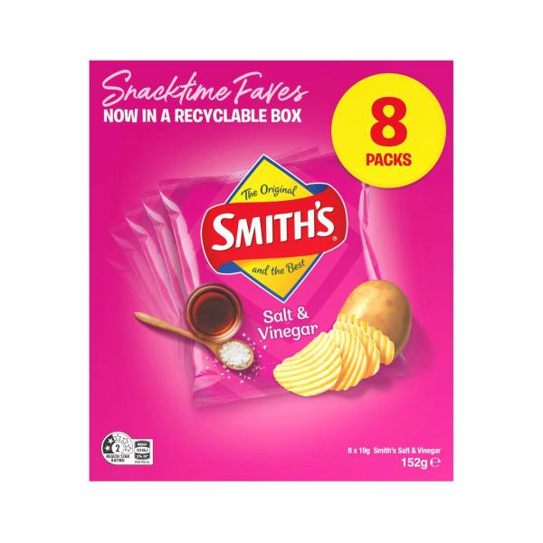 SMITHS POTATO CHIPS LUNCHBOX SNACKS MULTIPACK SALT & VINEGAR 8PK 152G