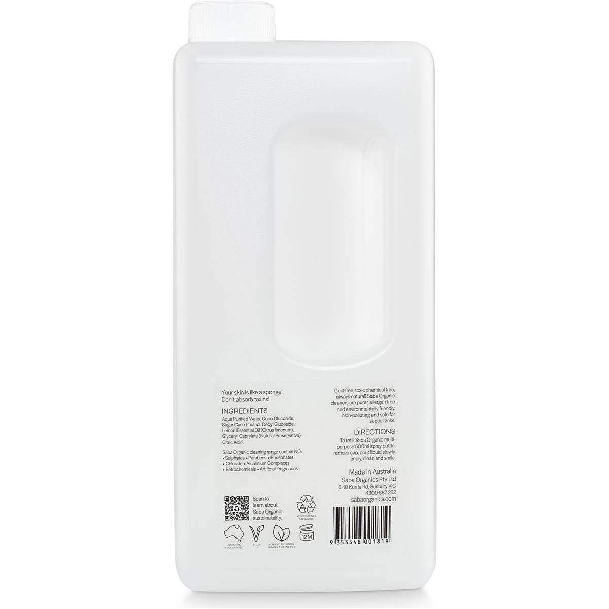 Saba Organics Multipurpose Cleaner Refill Lemon 2L