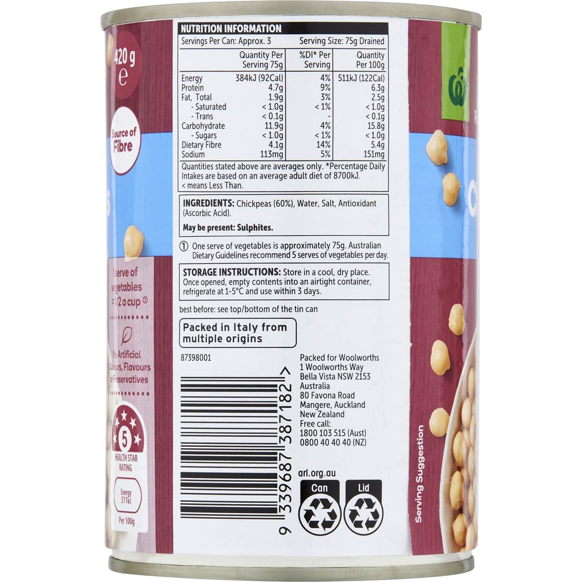 Woolworths Chickpeas 420g