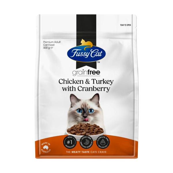 FUSSY CAT GRAIN FREE ADULT DRY CAT FOOD CHICKEN & TURKEY WITH CRANBERRY 500G
