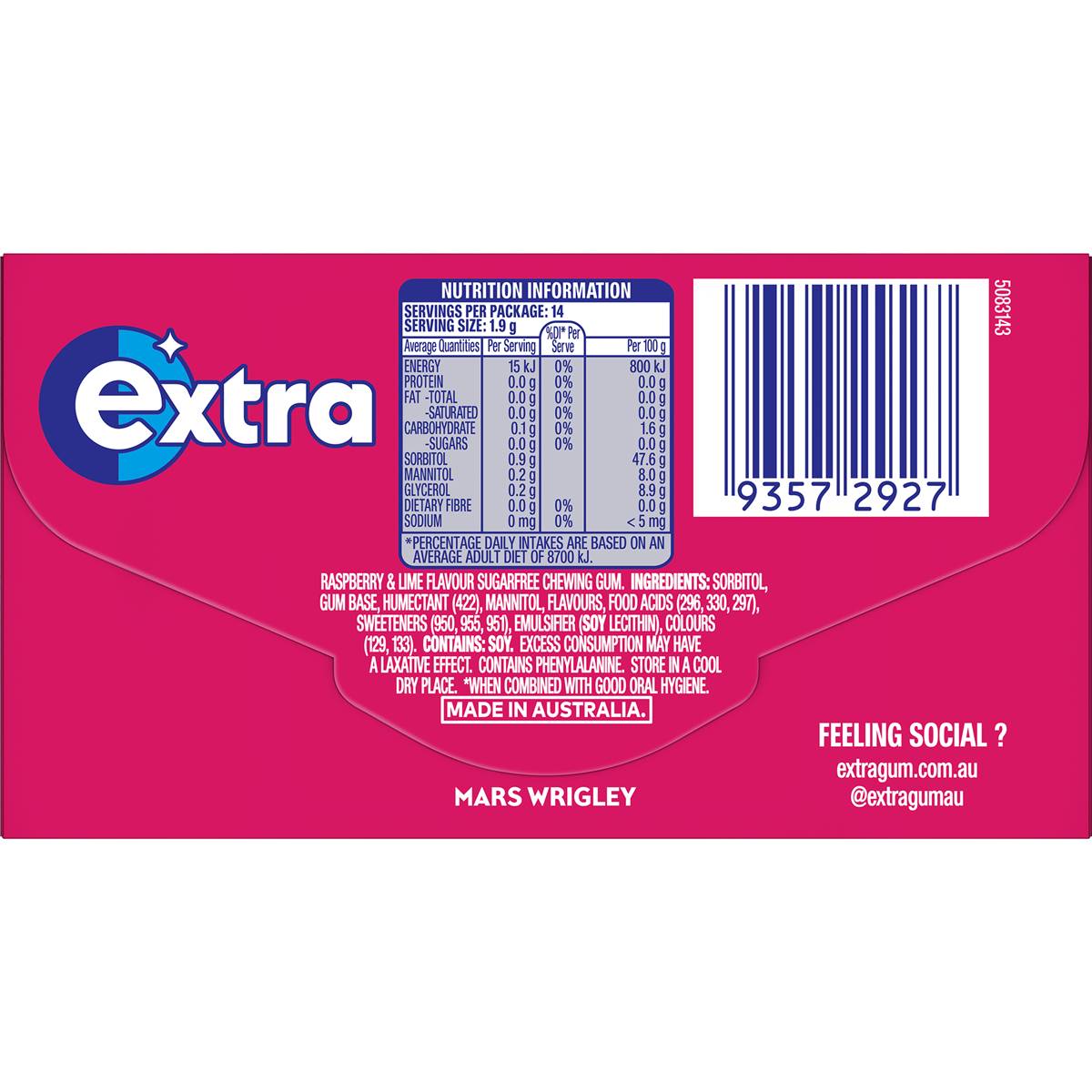 Extra Raspberry & Lime Sugar Free Chewing Gum 27g