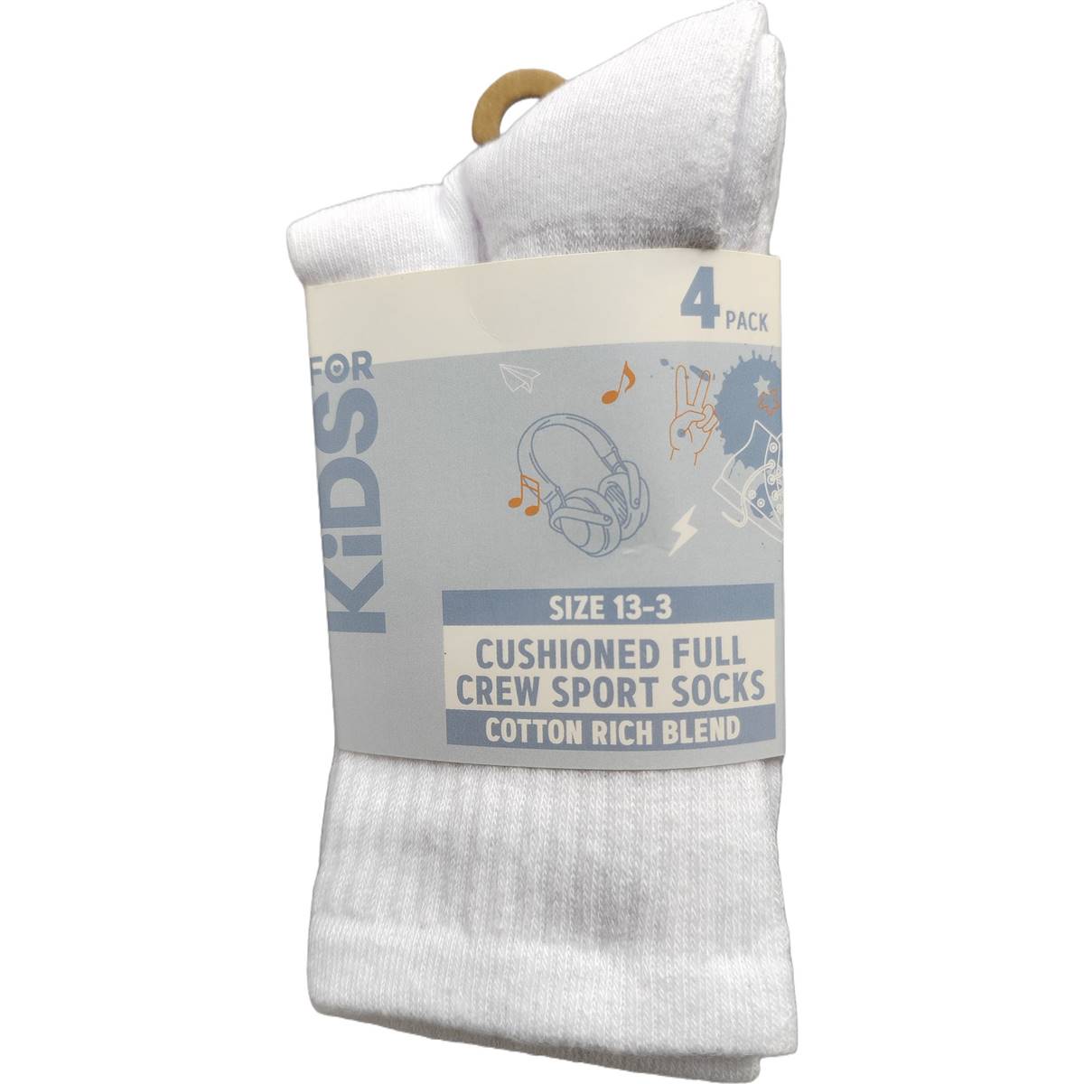 For Kids Full Crew Cushioned Sports Socks Size 13-3 4 pack