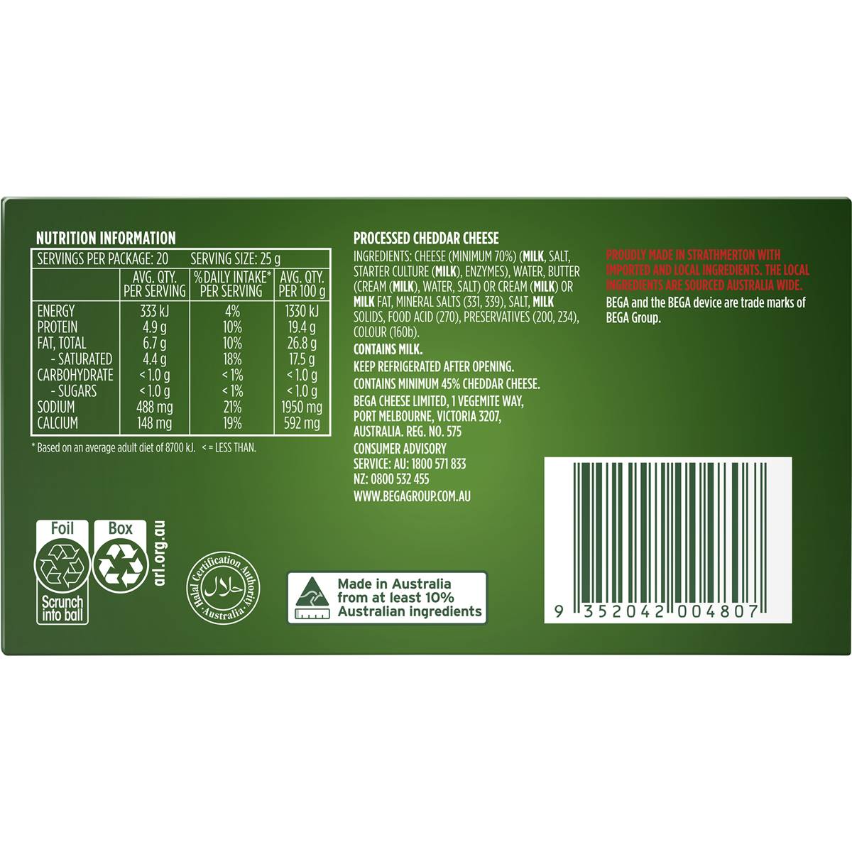 Bega Cheddar Cheese Block 500g