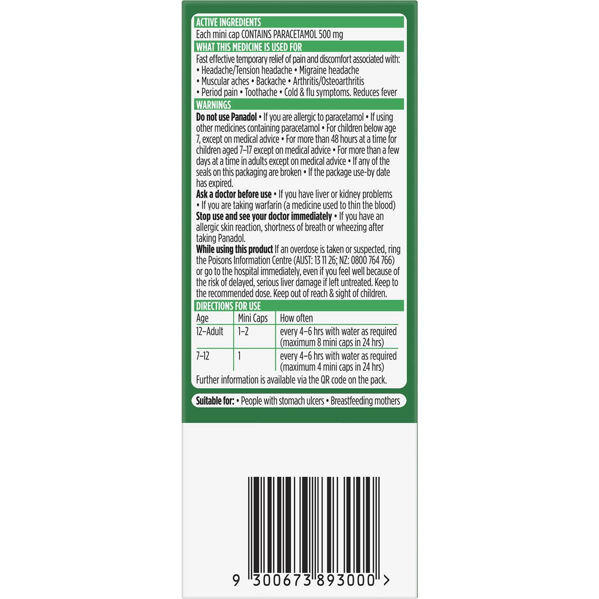 Panadol Mini Caps For Pain Relief Paracetamol 500mg 16 pack
