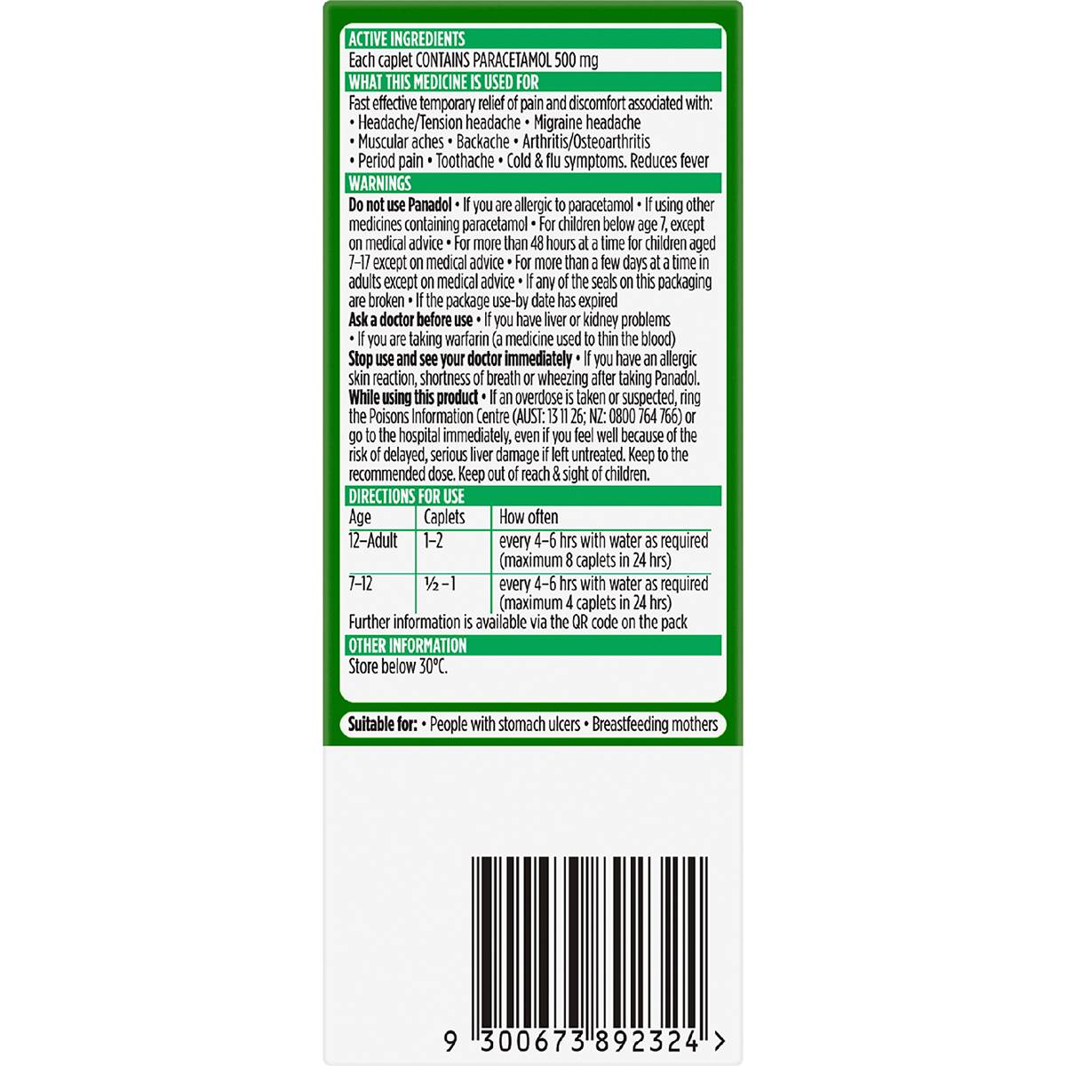 Panadol With Optizorb Paracetamol For Fast Pain Relief 500mg 16 pack