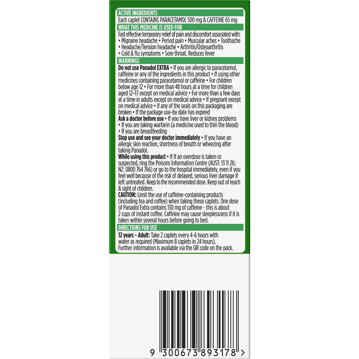 Panadol Extra For Pain Relief Paracetamol & Caffeine 500mg 16 pack