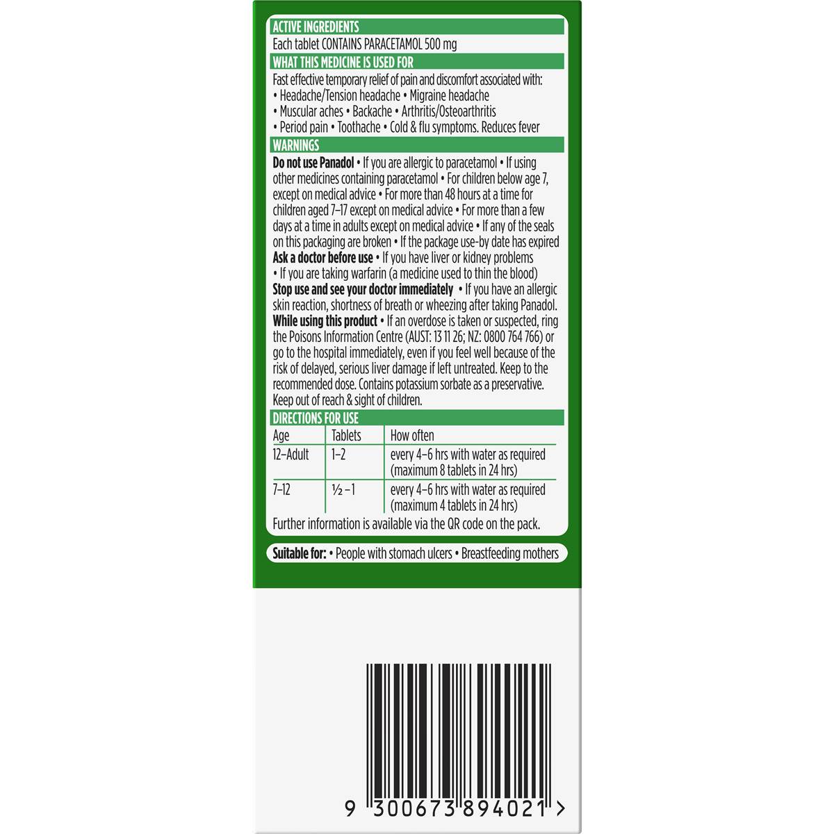 Panadol Tablet With Paracetamol For Fast Pain Relief 500mg 16 pack