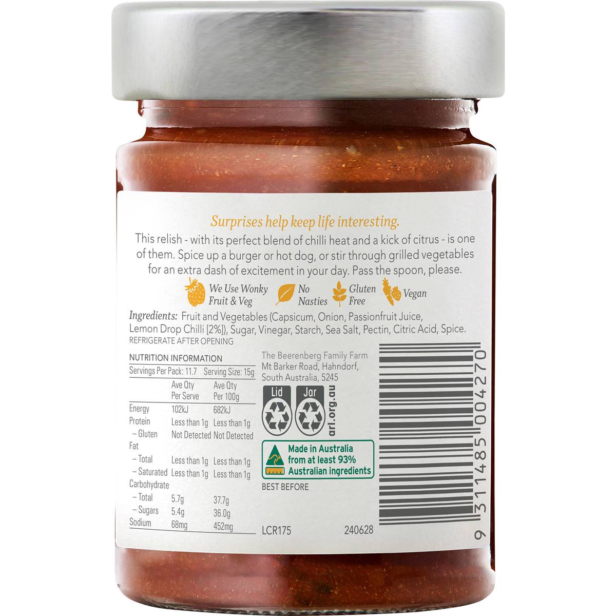 Beerenberg Lemon Drop Chilli Relish 175g