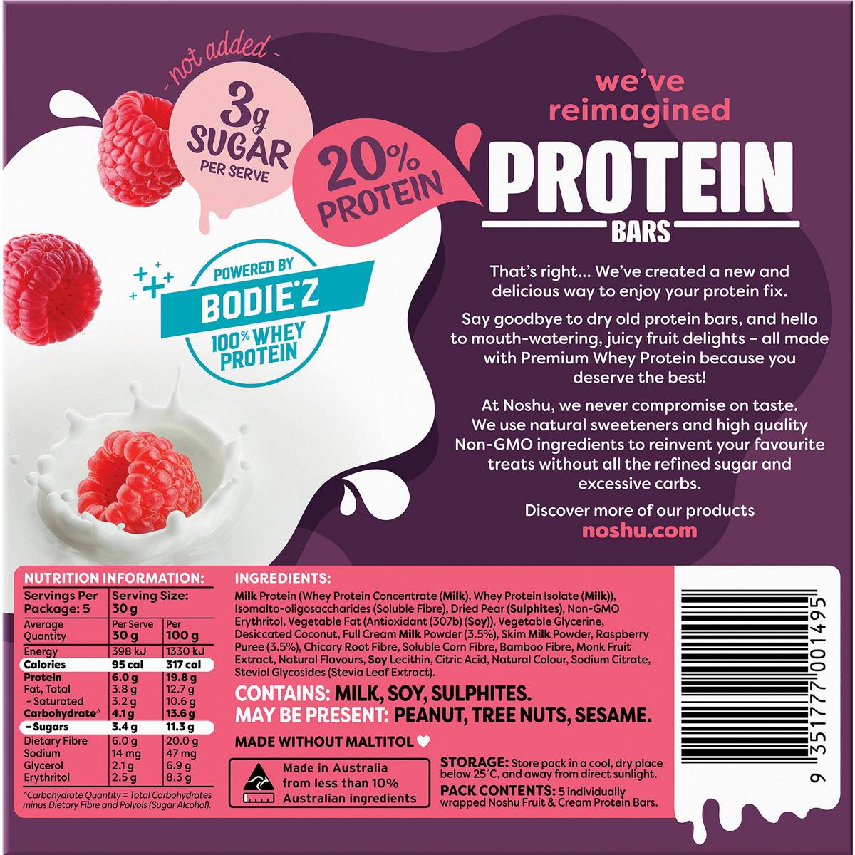 Noshu Protein Bars Raspberry & Cream 5 pack