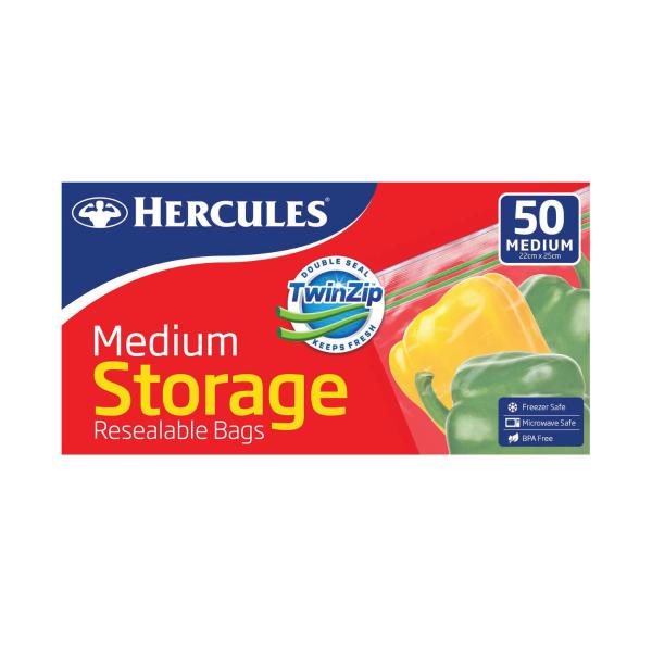 HERCULES TWINZIP MEDIUM STORAGE RESEALABLE BAGS 50 PACK