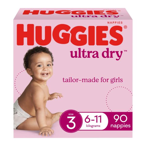 HUGGIES ULTRA DRY NAPPIES GIRLS SIZE 3 (6-11KG) 90 PACK