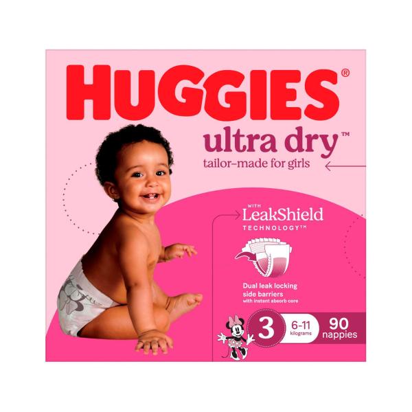 HUGGIES ULTRA DRY NAPPIES GIRLS SIZE 3 (6-11KG) 90 PACK