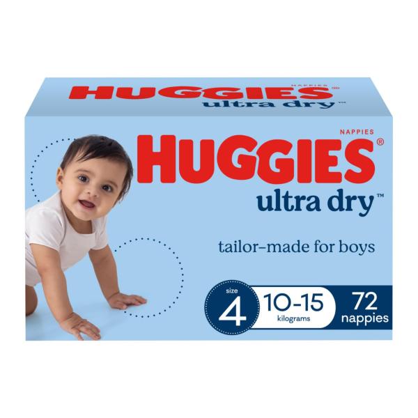 HUGGIES ULTRA DRY NAPPIES BOYS SIZE 4 (10-15KG) 72 PACK