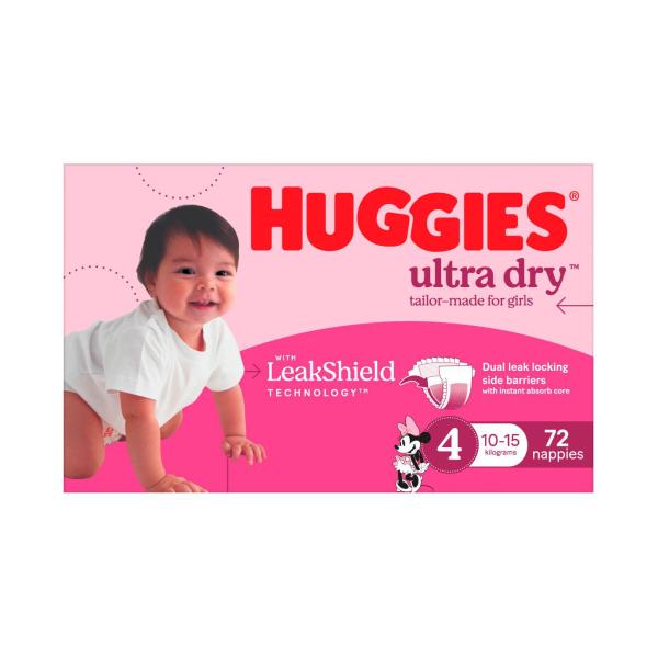 HUGGIES ULTRA DRY NAPPIES GIRLS SIZE 4 (10-15KG) 72 PACK