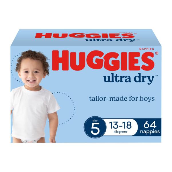 HUGGIES ULTRA DRY NAPPIES BOYS SIZE 5 (13-18KG) 64 PACK