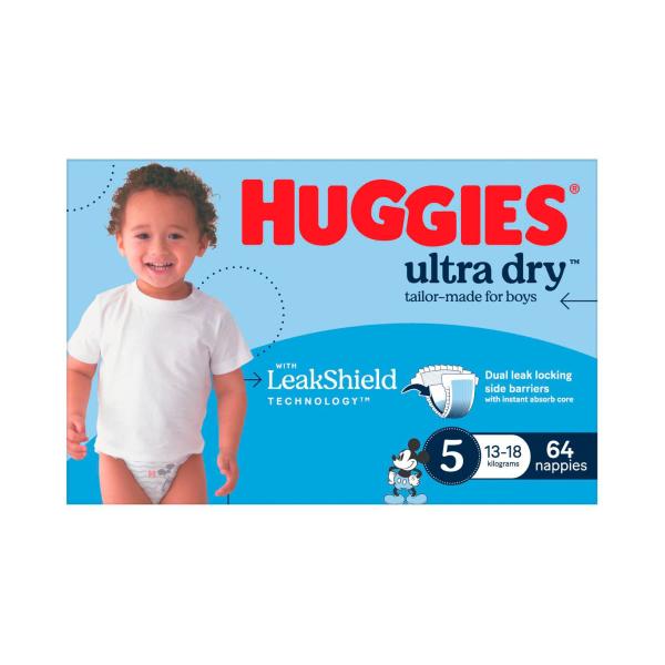 HUGGIES ULTRA DRY NAPPIES BOYS SIZE 5 (13-18KG) 64 PACK