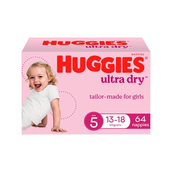 HUGGIES ULTRA DRY NAPPIES GIRLS SIZE 5 (13-18KG) 64 PACK