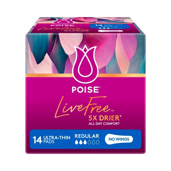 POISE LIVE FREE PADS REGULAR NO WINGS 14 PACK
