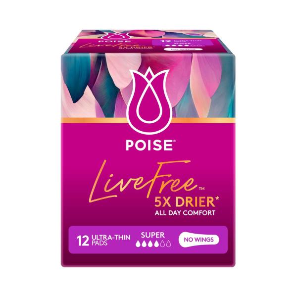 POISE LIVE FREE PADS SUPER NO WINGS 12 PACK