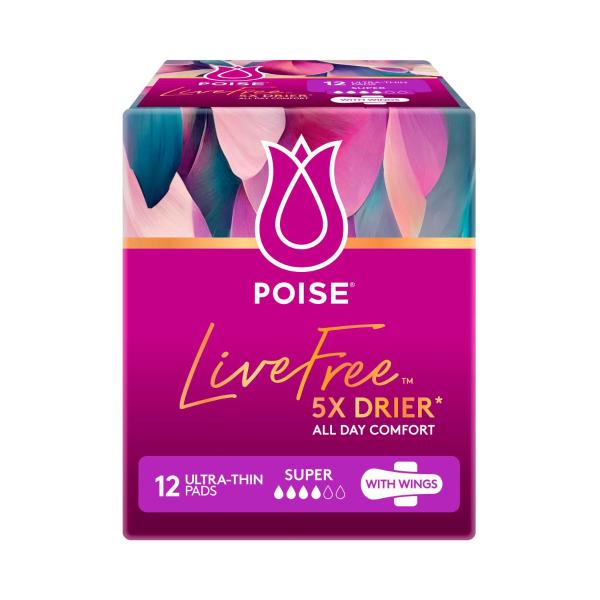 POISE LIVE FREE PADS SUPER WITH WINGS 12 PACK