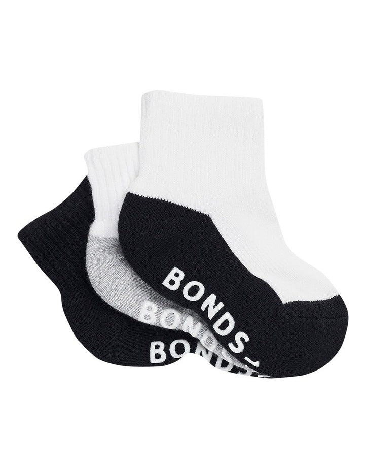 Baby Baby Logo Cushioned Quarter Crew Socks 3 Pack in Black / White
