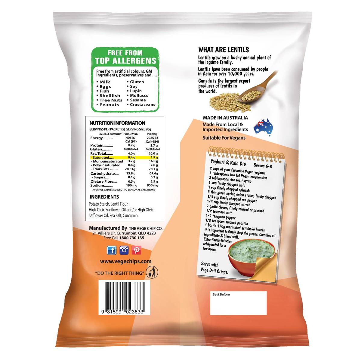 Vege Chips Deli Crisps Lentil Lightly Salted 100g