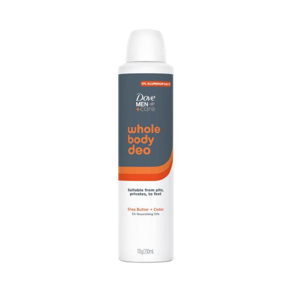 DOVE MEN WHOLE BODY DEODORANT SPRAY SHEA BUTTER CEDAR 230ML