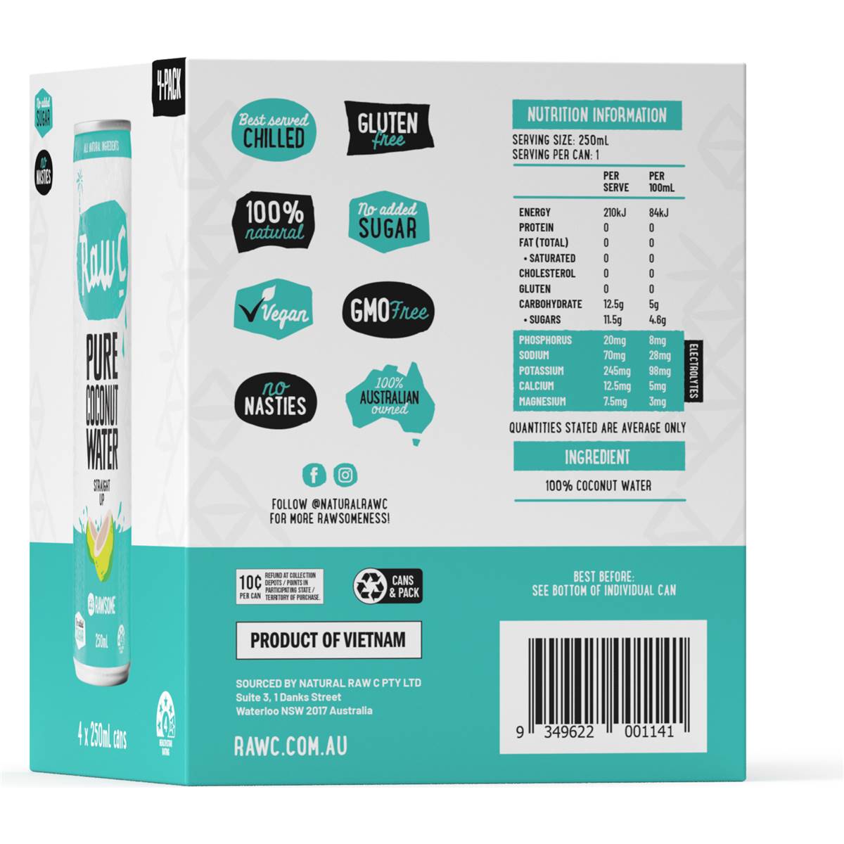 Raw C Pure Coconut Water 250mL x 4 pack