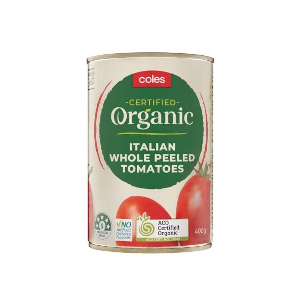 COLES ORGANIC TOMATOES ITA WHOLE PEELED 400G