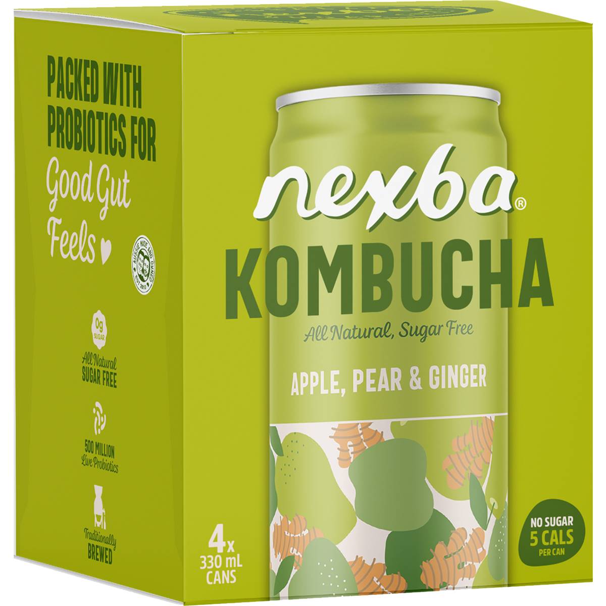 Nexba Kombucha Apple Pear & Ginger Drink Cans 330mL x 4 pack