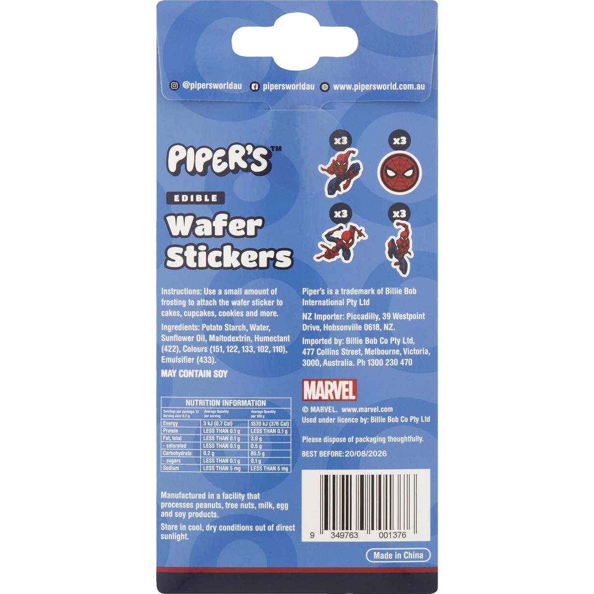 Piper's Marvel Spiderman Edible Wafer Stickers 12 pack