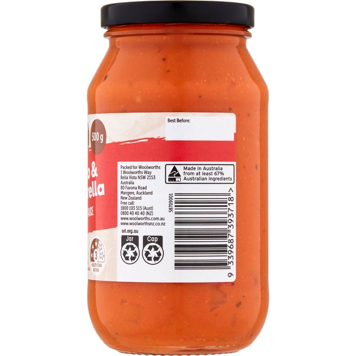 Woolworths Creamy Tomato and Mozzarella Pasta Bake Sauce 500mL