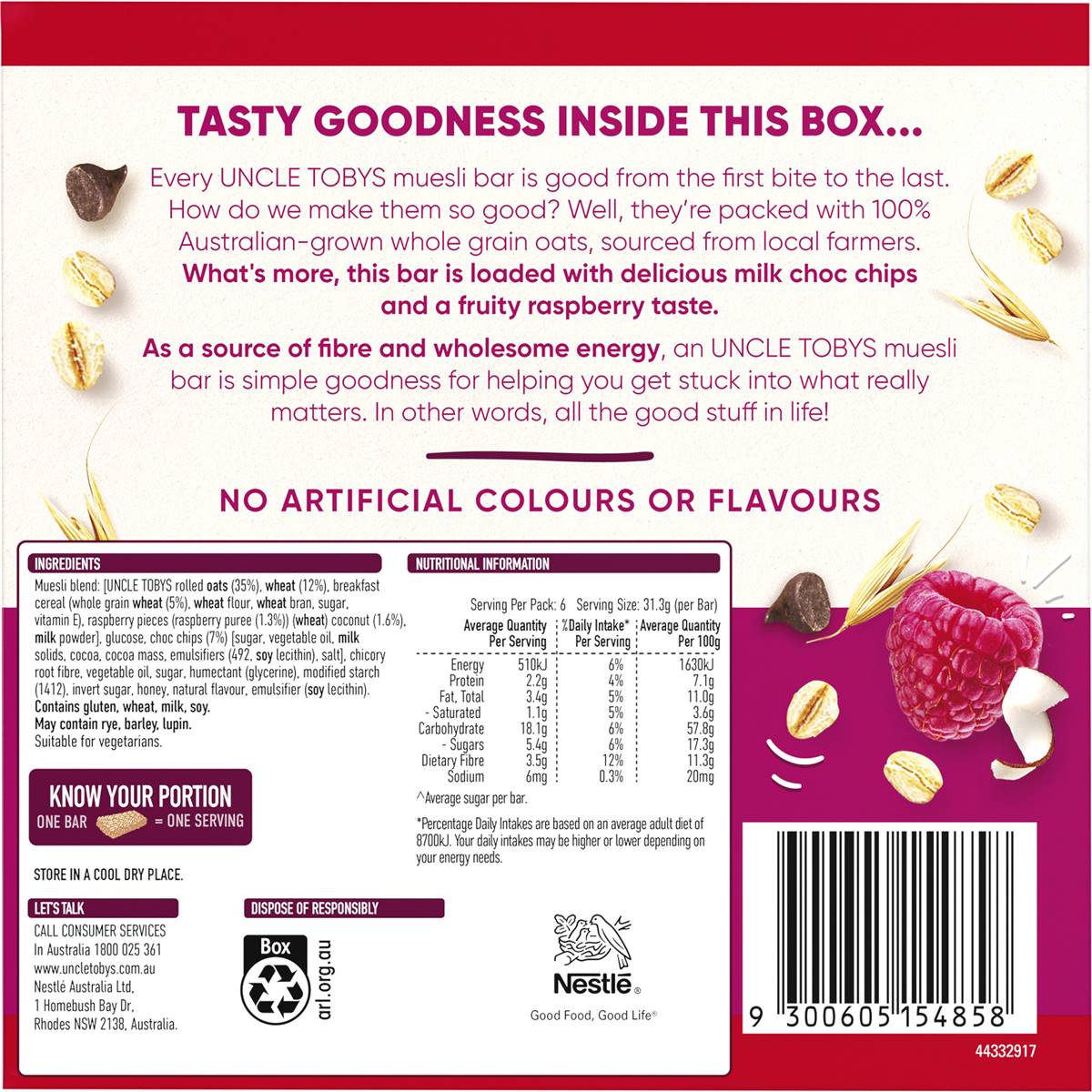 Uncle Tobys Chewy Raspberry Choc Chip Muesli Bars 6 pack