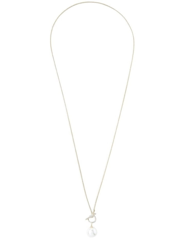 Long Snake Chain Necklace with Pearl Fob in Gold