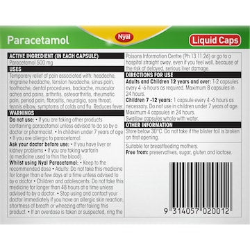 Nyal Paracetamol 500mg Liquid Caps 16 pack