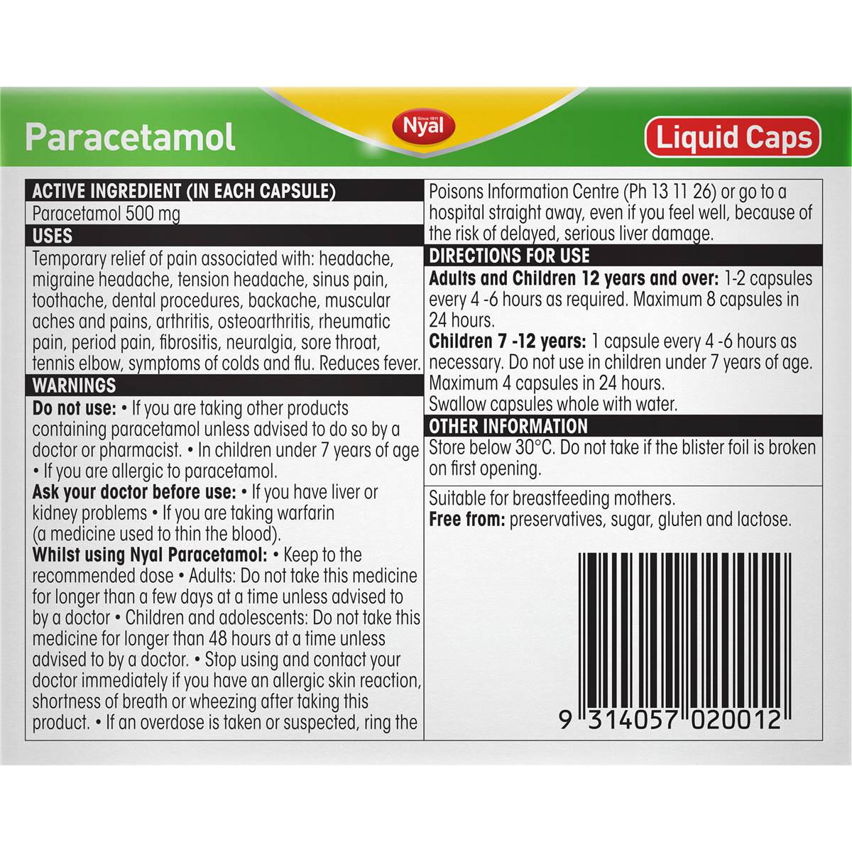 Nyal Paracetamol 500mg Liquid Caps 16 pack