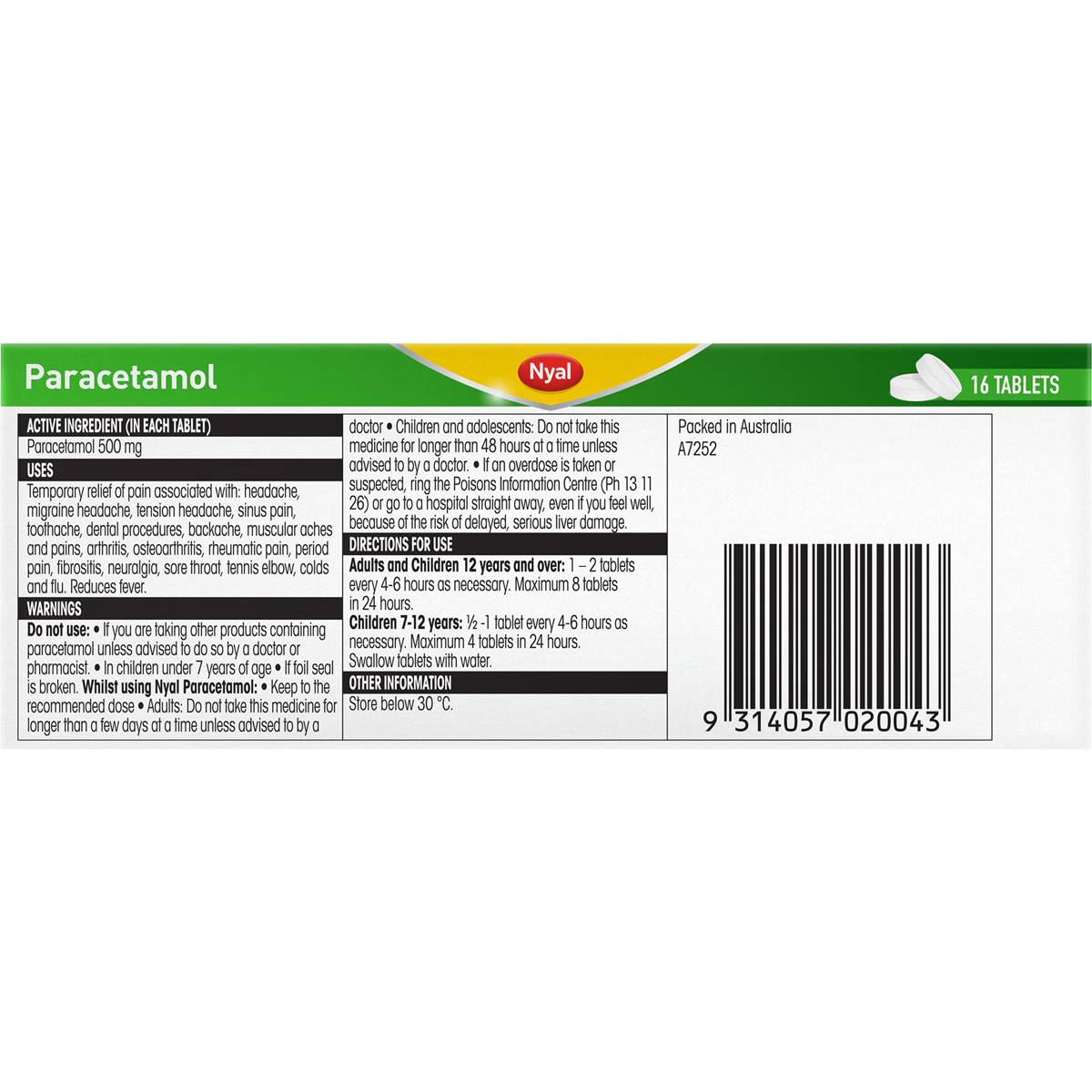 Nyal Paracetamol 500mg Tablets 16 pack