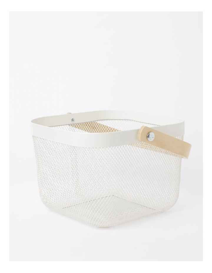 Mesh Basket with Wood Handle 24.5x24.5x18cm in White
