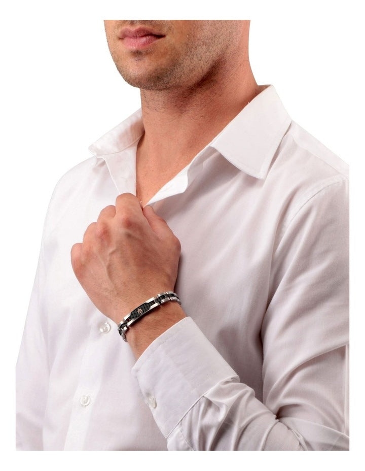 Stainless Steel Bracelet with Black Carbon Fibre Highlights