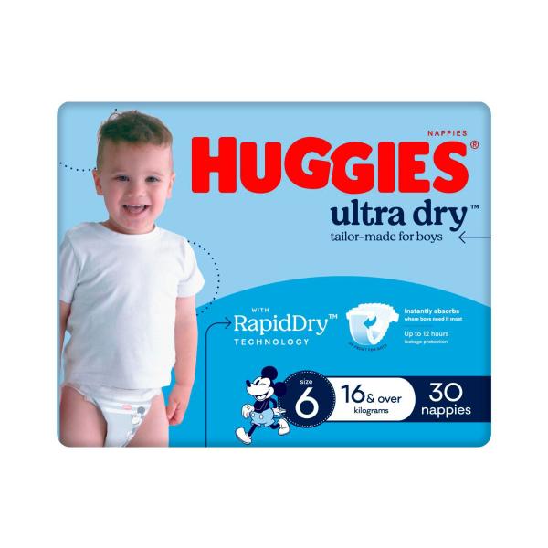 HUGGIES ULTRA DRY NAPPIES BOYS SIZE 6 (16KG+) 30 PACK