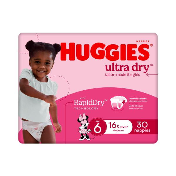 HUGGIES ULTRA DRY NAPPIES GIRLS SIZE 6 (16KG+) 30 PACK