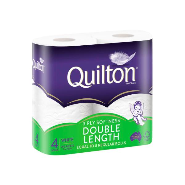 QUILTON 3 PLY TOILET ROLLS DBLE LENGTH WHITE 4 PACK