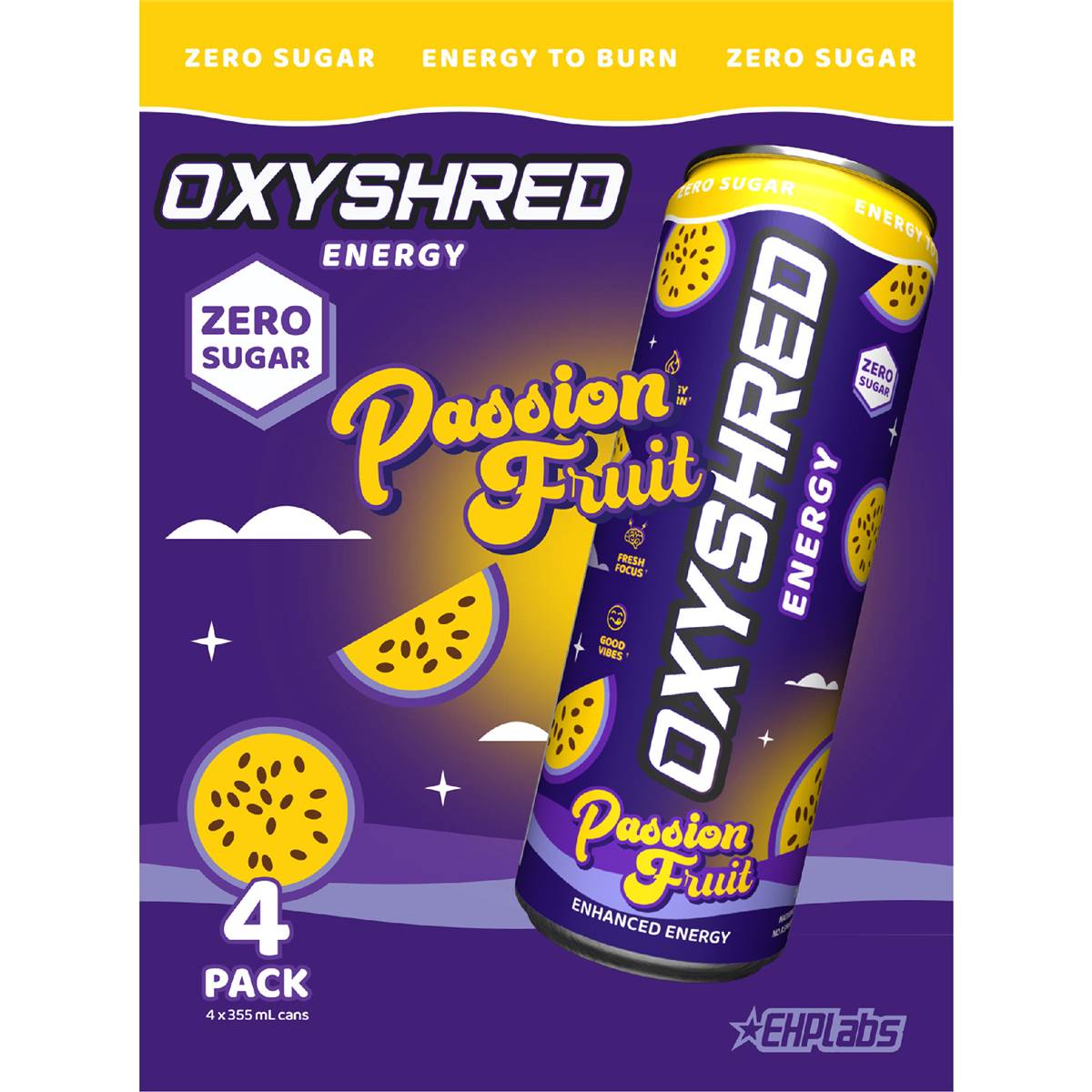 OxyShred Energy Drink Passionfruit Zero Sugar 355mL x 4 pack