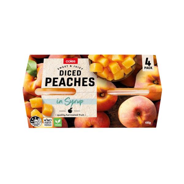 COLES DICED PEACHES IN SYRUP 4 PACK 480G