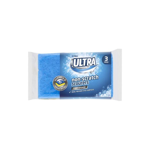 COLES ULTRA FOAM SCOURERS SPONGE NON-SCRATCH 3 PACK