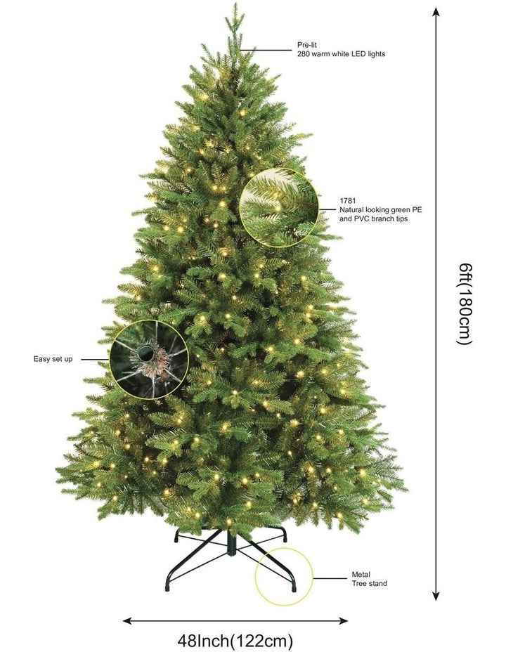 Fraser Fir 180cm 280L Pre-lit Christmas Tree 1781 Tips in Green