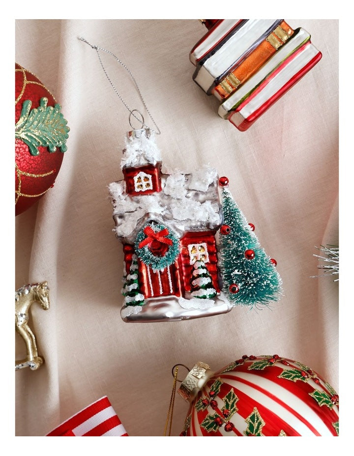 Heirloom Christmas Glass Winter House withTree 12.5cm in Red