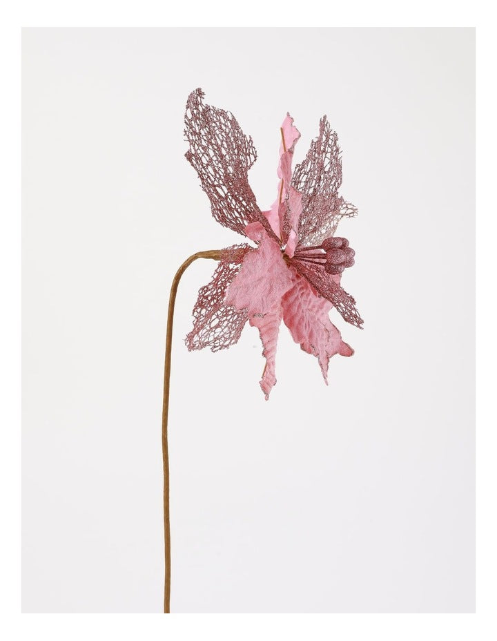 Luxe Christmas Velvet Poinsettia Pick with Glitter & Mesh Petals 50cm in Pink