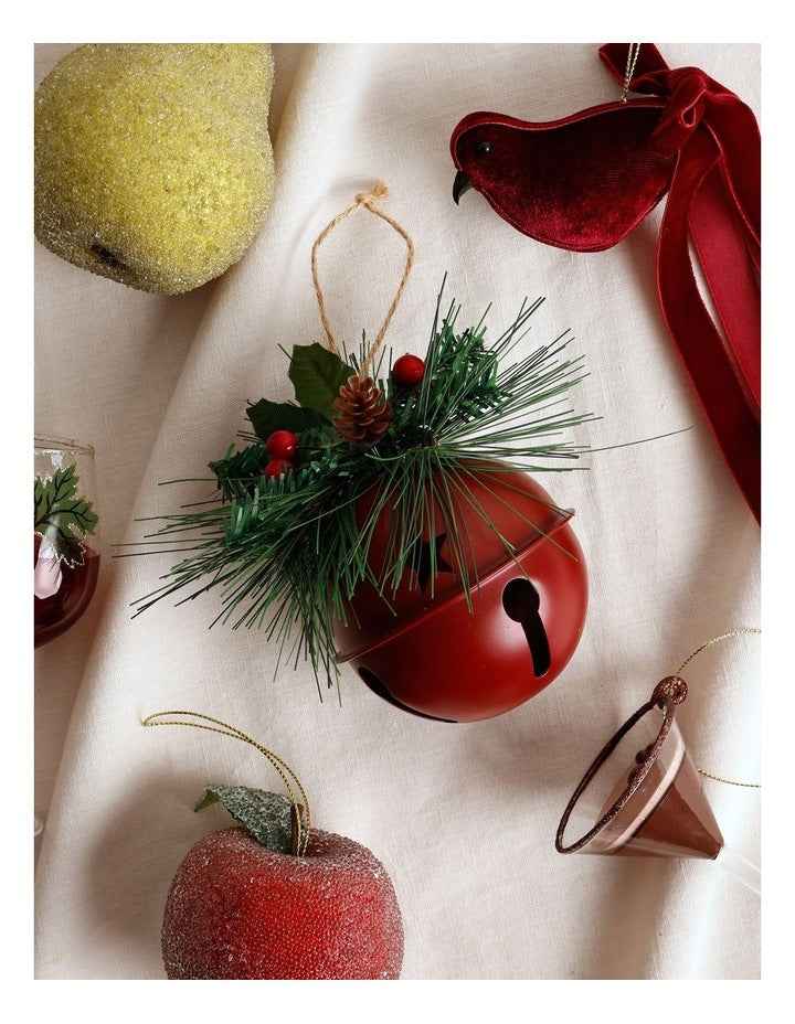 Heirloom Christmas Metal Bell Bauble withFoliage 10cm in Red