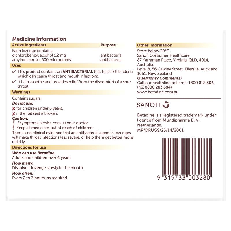 Betadine Sore Throat Lozenges Soothing Honey & Lemon Flavour 36 Pack